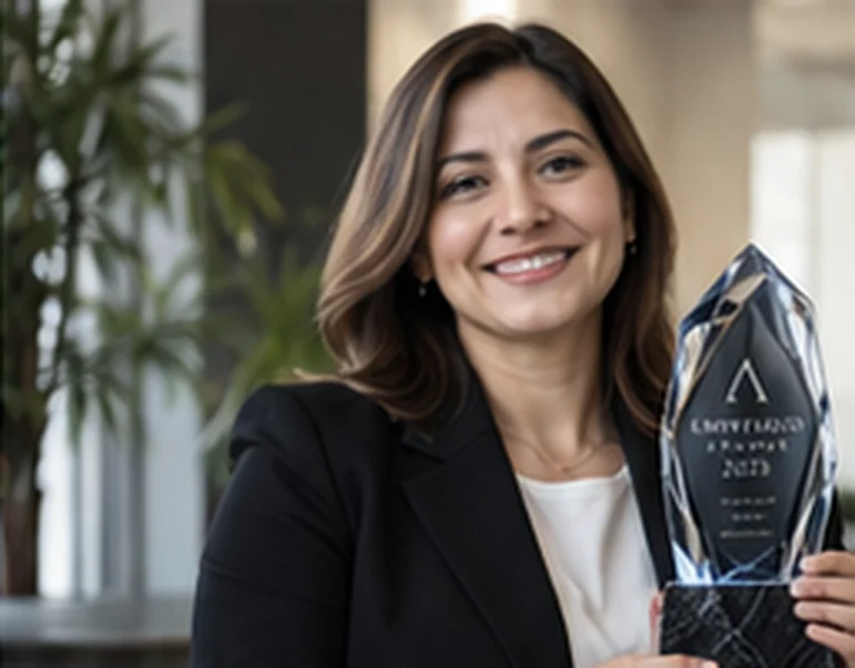 Fundadora de Andes Forma sosteniendo el trofeo Empresario Awards 2025