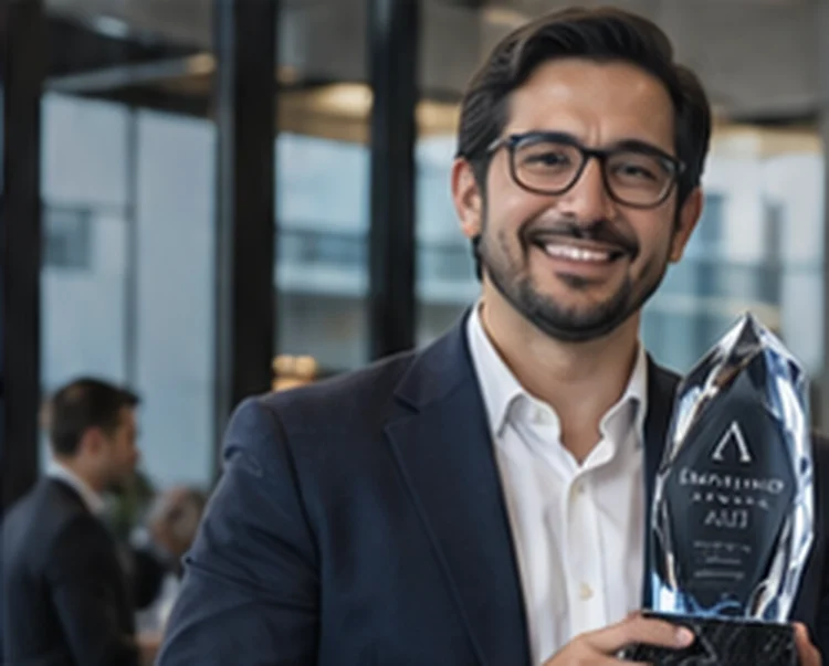 Fundador de Lima Norte Health Group sosteniendo el trofeo Empresario Awards 2025
